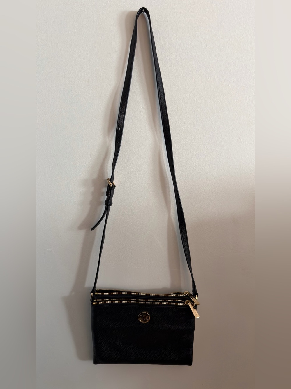 Michael Kors Black Leather Double-Zip Crossbody with Gold Hardware